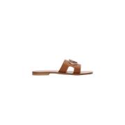 Bruin Leren Platte Schoenen met Logo Sliders Liu Jo , Brown , Dames