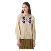 Blouse met de hand geborduurd met zijdedraad Ila Antik Batik , Beige ,...