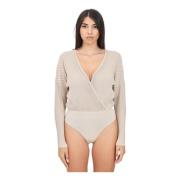 Beige Geribbeld Lurex Bodysuit met Logo Elisabetta Franchi , Beige , D...