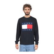 Zwarte Crewneck Sweater Logo Detail Tommy Jeans , Black , Heren