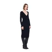 Geribbelde Midi Jurk met Diepe V-Hals Silvian Heach , Black , Dames