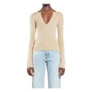 Beige Ribgebreide V-Hals T-Shirt Max Mara , Beige , Dames