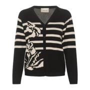 Zwart Gebreid Vest met Bloemen Strepen Cream , Black , Dames