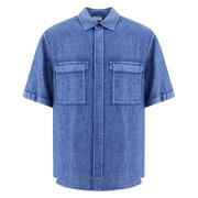 Blauw Linnen Shirt Korte Mouwen Burberry , Blue , Heren