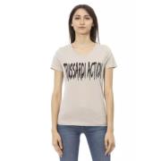 Elegant V-hals T-shirt met Frontprint Trussardi , Beige , Dames