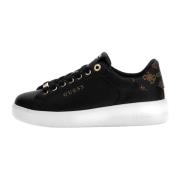 Zwarte Leren Sneakers met Gouden Logo Guess , Black , Dames