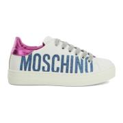 Witte Leren Sneaker met Glitter Logo Moschino , White , Dames