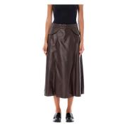 Bruine Leren Midi Rok Godet Stijl Ralph Lauren , Brown , Dames