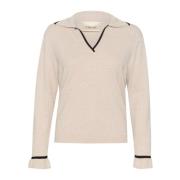 Gebreide Poloshirt Oat Melange Cream , Beige , Dames