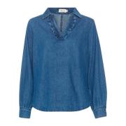 Denim Blouse met Ruchedetails Cream , Blue , Dames