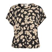 Leo Print Blouse Korte Mouw Ronde Hals Kaffe , Black , Dames