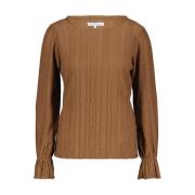 Ajour Top Lange Mouw Red Button , Brown , Dames