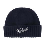 Geribbelde Beanie met Geborduurd Logo Navy Woolrich , Blue , Heren