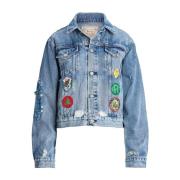 Kleurrijke Gepatchte Denim Truckerjack Ralph Lauren , Blue , Dames