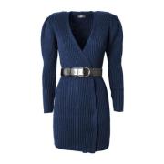 Blauwe Wollen Gebreide Jurk met Riem Elisabetta Franchi , Blue , Dames