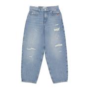 Baggy Denim Jeans met Geborduurd Logo Amish , Blue , Dames