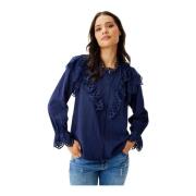 Navy Shirt met Geborduurde Ruchedetails IN Front , Blue , Dames