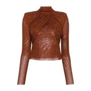 Bruine Rhinestone Mesh Shirt Self Portrait , Brown , Dames