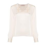 Ruche Kraag Roze Satijnen Blouse Twinset , Pink , Dames