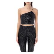 Zwarte One Shoulder Paillettes Top Oseree , Black , Dames