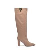 Beige Leren Laars 8cm Hak Via Roma 15 , Beige , Dames