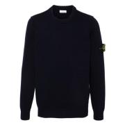 Geribbelde lamswollen ronde hals trui Stone Island , Blue , Heren