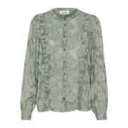 Mesh Blouse met Pofmouwen en Ruches Cream , Green , Dames