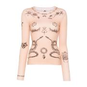 Beige Tattoo Print Crew Neck Top Marine Serre , Beige , Dames