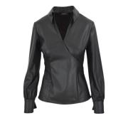 Eco-Leren Wrap Blouse Nenette , Black , Dames