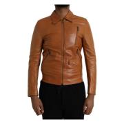 Bruin Leren Blouson Jack met Rits Dolce & Gabbana , Brown , Heren