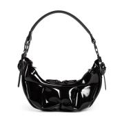 Zwarte Vinyl Half Moon Tas met Verstelbare Band Kuboraum , Black , Dam...