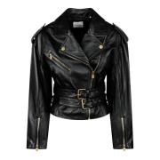 Zwarte Leren Bikerjas Pinko , Black , Dames