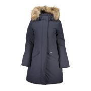 Blauwe Lange Jas met Capuchon en Afneembare Bont Woolrich , Blue , Dam...