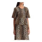 Leopard Print Smocked Cotton Top Ganni , Multicolor , Dames