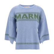 Blauwe Wol Logo Sweater Marni , Blue , Dames