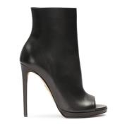 Zwarte leren peep toe laarzen met rits Kazar , Black , Dames