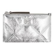 Metallic Leren Kaarthouder met Rits Tory Burch , Gray , Dames