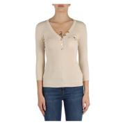 Geribbelde Zijde Blend V-hals Trui Elisabetta Franchi , Beige , Dames