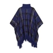 Oversize Jacquard Check Alpaca Wool Cape Maliparmi , Blue , Dames