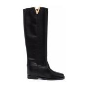 Zwarte leren laarzen met goudkleurig logo Via Roma 15 , Black , Dames