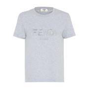 Grijze Logo Geborduurde Crew Neck T-shirt Fendi , Gray , Dames