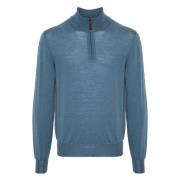 Merino Wol Half-Zip Gebreide Kleding Canali , Blue , Heren