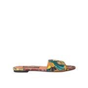 Bloemen Brokaat Platte Sandalen met Logo Details Dolce & Gabbana , Mul...