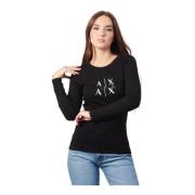 Zwarte longsleeve ronde hals tee Armani Exchange , Black , Dames