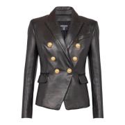 Klassieke 6-knopen leren jas Balmain , Black , Dames