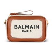 B-Army canvas en leren clutch Balmain , Beige , Dames