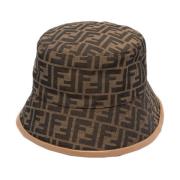 Jacquard Bucket Hat met leren afwerking Fendi , Brown , Unisex