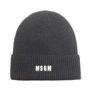 Zwarte Geribbelde Beanie met Geborduurd Logo Msgm , Black , Heren