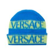 Gestreepte Logo Beanie voor Mannen Versace , Blue , Heren