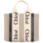 Linnen Tote Tas met Leren Details Chloé , Beige , Dames